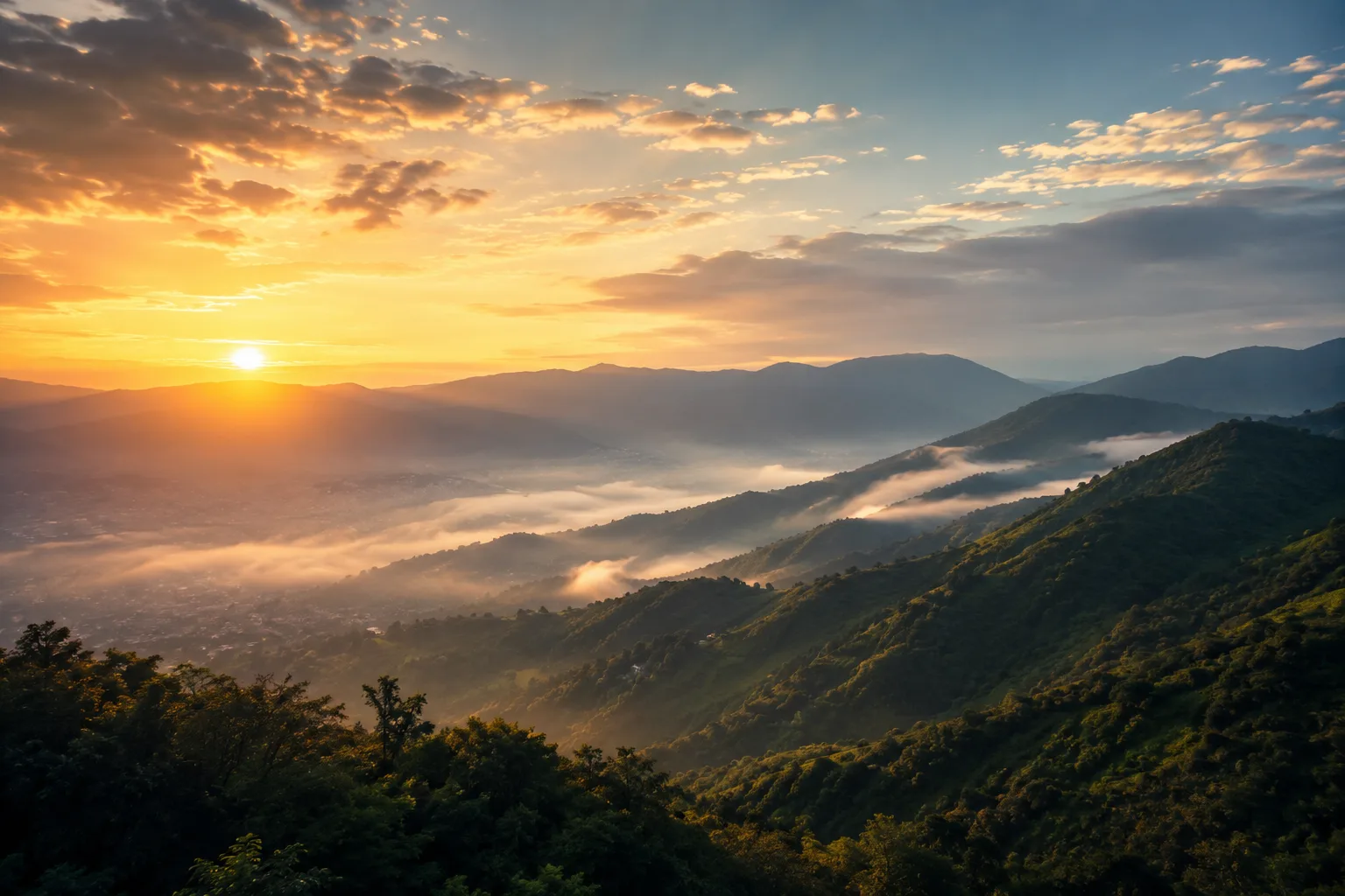 Sunrise breaking over the green mountains of the Aburrá Valley, Colombia, with morning mist below